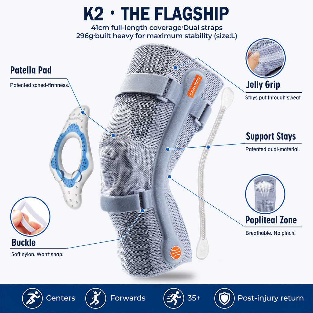 Keepolo K2 Basketball Knee Brace for Man with Patella Support,Professional Leg Compression,Long Side Stabilizers and Adjustable Dual Straps