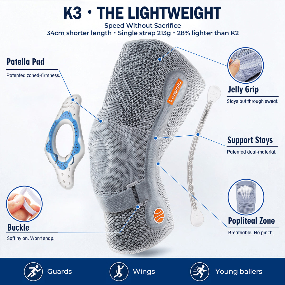 Keepolo K3 Basketball Knee Brace for Man, Knee Support with Patella Pad & Side Stabilizers
