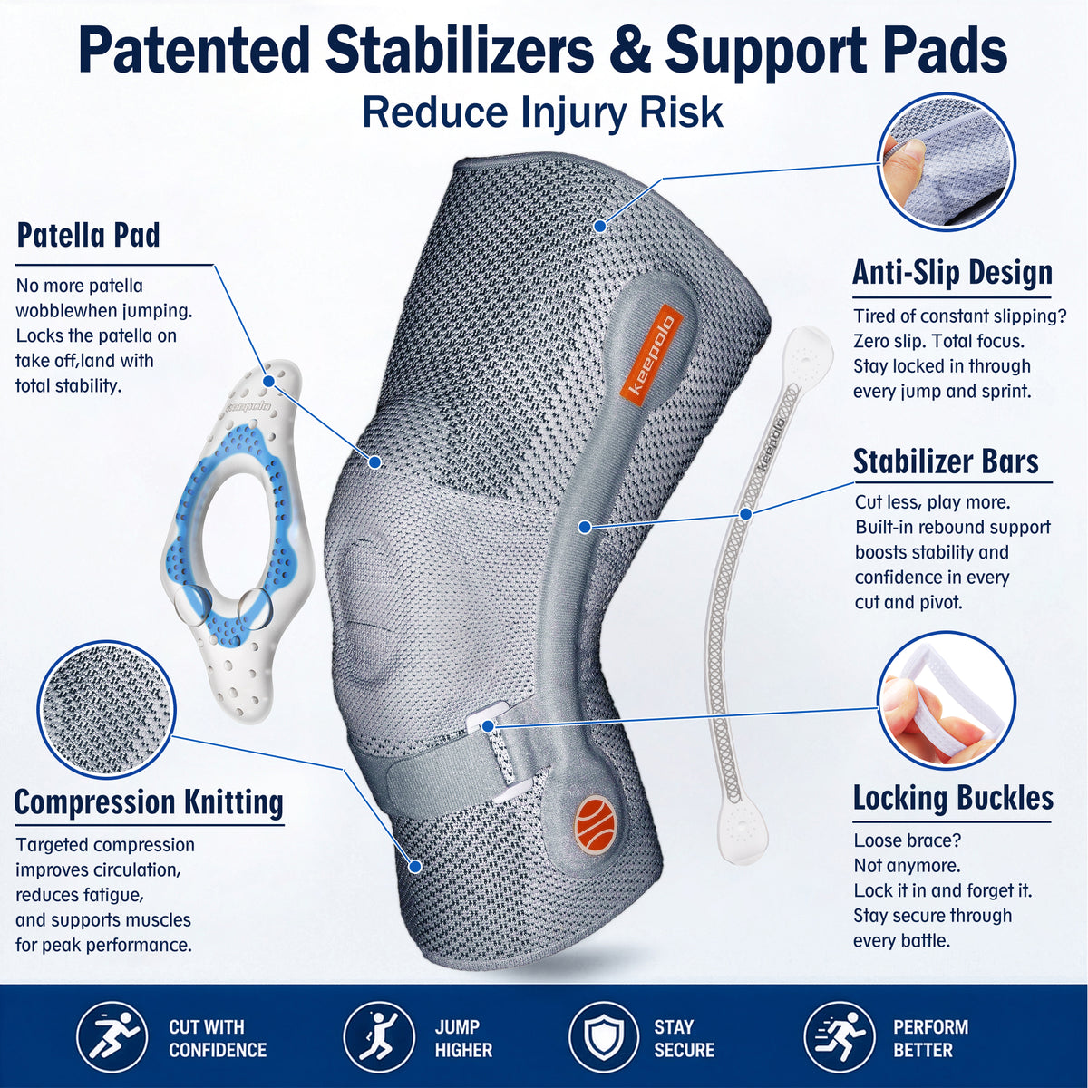 Keepolo K3 Basketball Knee Brace for Man, Knee Support with Patella Pad & Side Stabilizers
