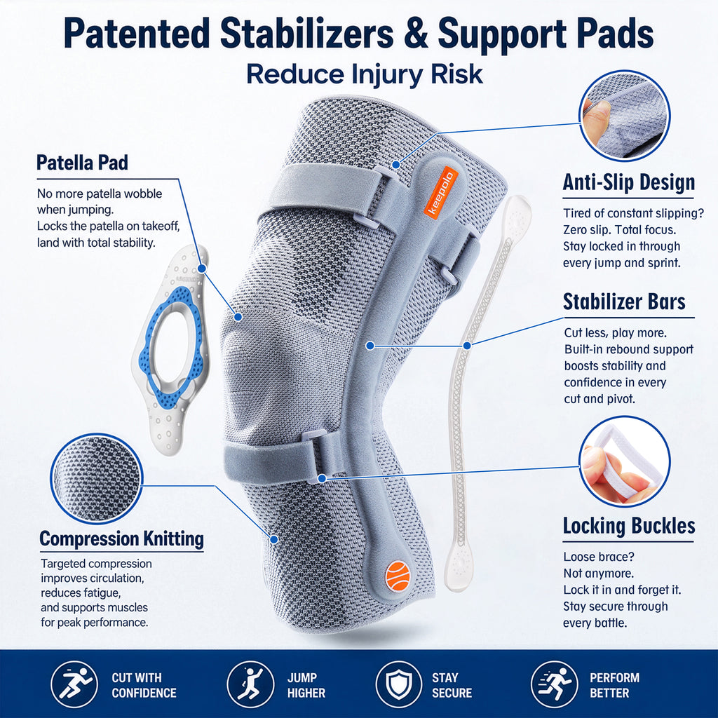 Keepolo Basketball Knee Brace for Man with Patella Support,Professional Leg Compression,Long Side Stabilizers and Adjustable Dual Straps