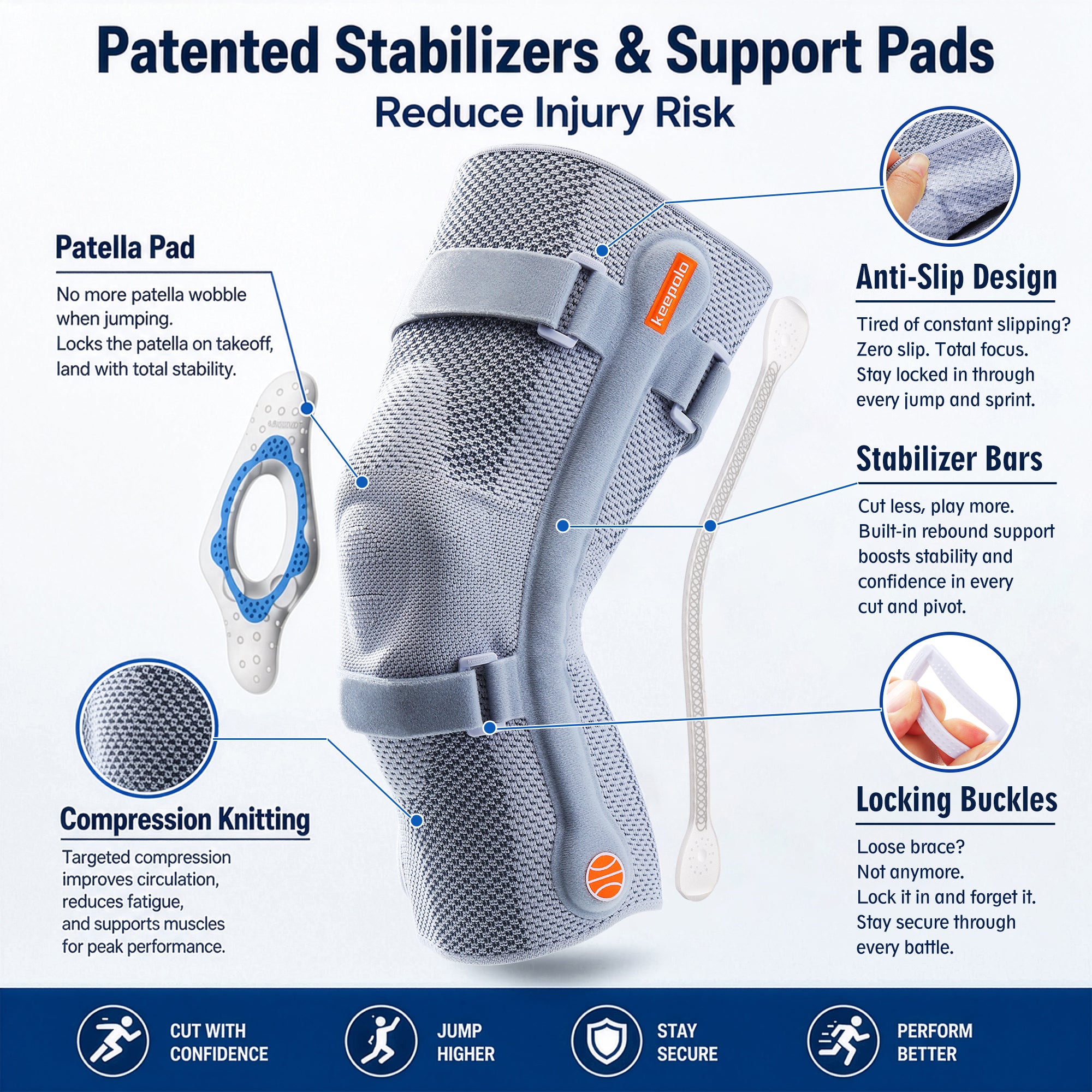Keepolo Basketball Knee Brace for Man with Patella Support,Professional Leg Compression,Long Side Stabilizers and Adjustable Dual Straps